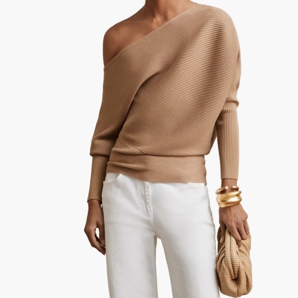 Reiss Camel Off-the-Shoulder Ribbed Sweater